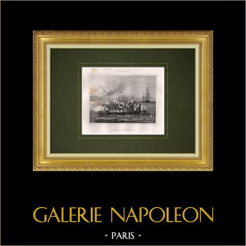 Conquista dell'isola di Mogador da parte del principe di Joinville - Marocco (Nord Africa) | Stampa calcografica originale a bulino disegnata da Noel, incisa da Outhwaite. 1846