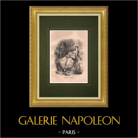 Una donna Mora in un harem (Nord Africa) | Incisione xilografica originale. Anonima. Acquerellata a mano. 1846