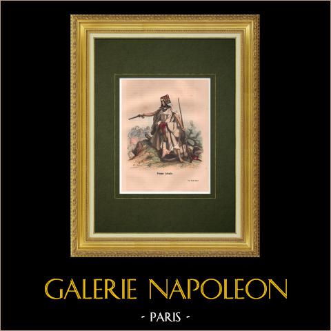 Una donna Cabila - Algeria (Nord Africa) | Incisione xilografica originale disegnata da Phiippoteaux, incisa da Rose. Acquerellata a mano. 1846