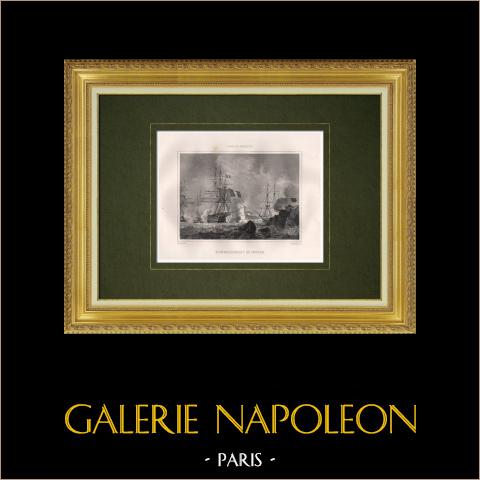 Bombardamento di Tangeri 1844 - Marocco (Nord Africa) | Stampa calcografica originale a bulino disegnata da Isabey, incisa da Outhwaite. 1846