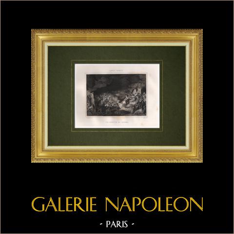 Enfumades delle grotte di Dahra 1845 - Algeria (Nord Africa) | Stampa calcografica originale a bulino incisa da Colin secondo Johannot. 1846