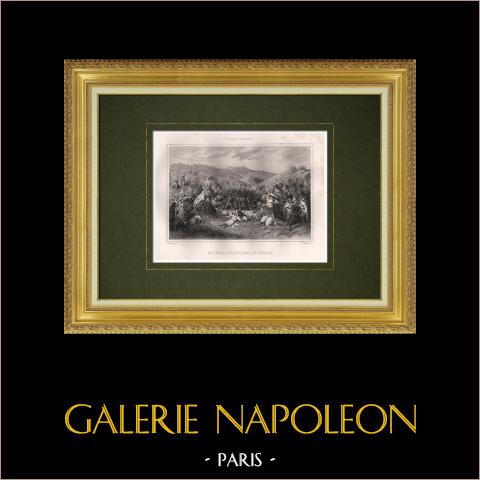 Morte di Duroc - Battaglia di Bautzen (1813) | Stampa calcografica originale a bulino disegnata da Bellange, incisa da Geoffroy. 1846