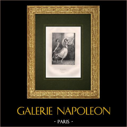 Bayadères - Danzatrici sacri - India | Litografia originale disegnata da Rheal, litografata da Regnier. 1843