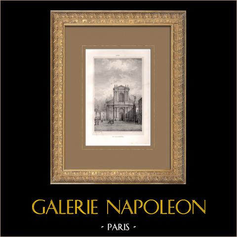 Veduta di Digione - Chiesa di Saint-Étienne - Côte-d'Or (Francia) | Litografia originale disegnata e litografata da Sagot. 1853