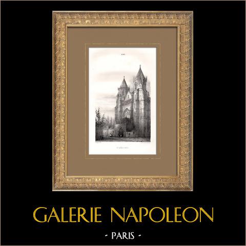 Veduta di Digione - Cattedrale di Saint-Bénigne - Côte-d'Or (Francia) | Litografia originale disegnata e litografata da Sagot. 1853