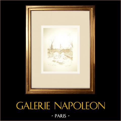 Veduta di Le Puy-en-Velay - Ponte - Statua - Alta Loira (Francia) | Disegno a inchiostro originale disegnato da Louis Gibert. Firmato in basso a destra. Intitulado in basso a sinistra. Datato 1987