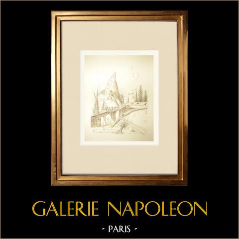 Veduta di Le Puy-en-Velay - Roccia e chiesa di St-Michel d'Aiguilhe - Alta Loira (Francia) | Disegno a inchiostro originale disegnato da Louis Gibert. Firmato in basso a destra. Intitulado in basso a sinistra. Datato 1988