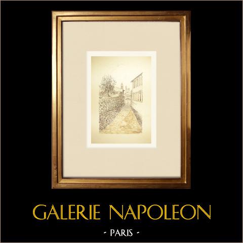 Le Puy-en-Velay - Rue Gouteyron - Alta Loira (Francia) | Disegno a inchiostro originale disegnato da Louis Gibert. Firmato in basso a destra. Intitulado in basso a sinistra. Datato 1979