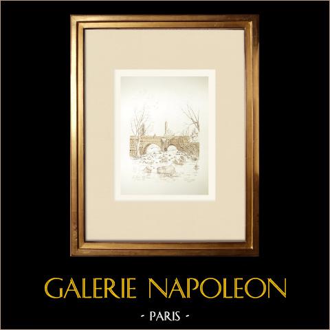 Le Puy-en-Velay - Vieux Pont - Alta Loira (Francia) | Disegno a inchiostro originale disegnato da Louis Gibert. Firmato in basso a destra. Intitulado in basso a sinistra. Datato 1987