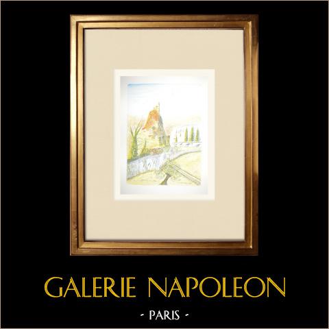 Veduta di Le Puy-en-Velay - Roccia e chiesa di St-Michel d'Aiguilhe - Alta Loira (Francia) | Acquarello originale su carta dipinto da Louis Gibert. Firmato in basso a destra. Intitulado in basso a sinistra. Datato 1988