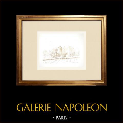 Burg Saint-Vidal - Mittelalterliche Festung - Haute-Loire (Frankreich) | Original tuschezeichnung gezeichnet von Louis Gibert. Signiert unten rechts. Betitelt unten links. Datiert 1986