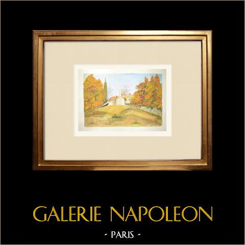 Veduta di Le Collet vicino a Le Puy-en-Velay - Alta Loira (Francia) | Acquarello originale su carta dipinto da Louis Gibert. Firmato in basso a destra. Intitulado in basso a sinistra. Datato 1970