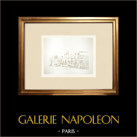 Burg Saint-Vidal - Mittelalterliche Festung - Haute-Loire (Frankreich) | Original tuschezeichnung gezeichnet von Louis Gibert. Signiert unten rechts. Betitelt unten links. Datiert 1986