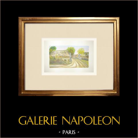 Ansicht von Moudeyres - Bauernhof Frères Perrel - Haute-Loire (Frankreich) | Original aquarell auf Papier von Louis Gibert. Signiert unten rechts. Betitelt unten links. Datiert 1979