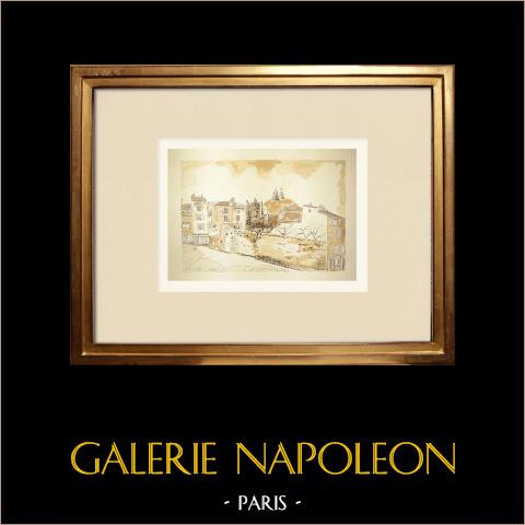 Veduta di Puy-en-Velay - Alta Loira (Francia) | Acquarello originale su carta dipinto da Louis Gibert. Firmato in basso a destra. Intitulado in basso a sinistra. Datato 1977