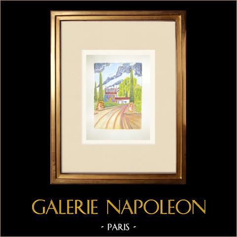 Schloss Vannières - La Cadière-d'Azur - Var (Frankreich) | Original aquarell auf Papier von Louis Gibert. Signiert unten rechts. Betitelt unten links. Datiert 1970