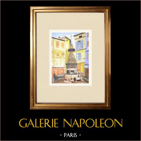 Fontana coperta ad Anduze - Fontana-Pagoda - Gard (Francia) | Acquarello originale su carta dipinto da Louis Gibert. Firmato in basso a destra. Intitulado in basso a sinistra. Datato 1967