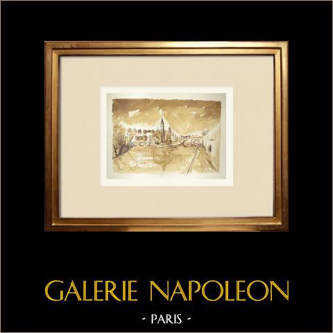 Veduta di Metz - Ponte St-Marcel - Tempio protestante - Ponte de la Comédie - Mosella (Francia)  | Acquarello originale su carta dipinto da Louis Gibert. Firmato in basso a destra. Intitulado in basso a sinistra. Datato 1970