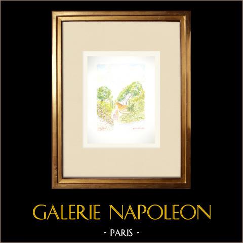 Vista di Èze - Giardino esotico - Alpi Marittime (Francia) | Acquarello originale su carta dipinto da Louis Gibert. Firmato in basso a destra. Intitulado in basso a sinistra. Datato 1987