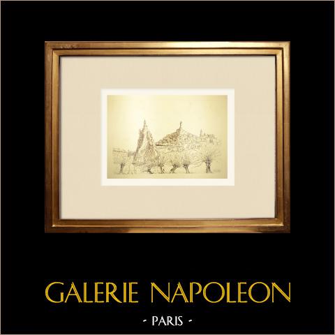 Veduta di Le Puy-en-Velay - Roccia e chiesa di St-Michel d'Aiguilhe - Alta Loira (Francia) | Disegno a inchiostro originale disegnato da Louis Gibert. Firmato in basso a destra. Intitulado in basso a sinistra. Datato 1979