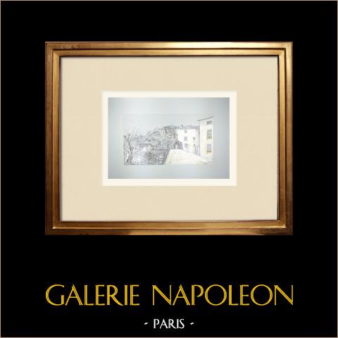 Veduta di Polignac - Les Estreys - Cappella - Alta Loira (Francia) | Disegno a carboncino originale disegnato da Louis Gibert. Firmato in basso a destra. Intitulado in basso a sinistra. Datato 1981