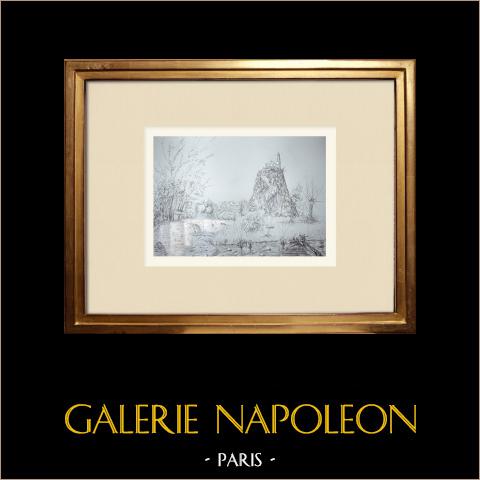 Veduta di Le Puy-en-Velay - Roccia e chiesa di St-Michel d'Aiguilhe - Alta Loira (Francia) | Disegno a carboncino originale disegnato da Louis Gibert. Firmato in basso a destra. Intitulado in basso a sinistra. Datato 1981