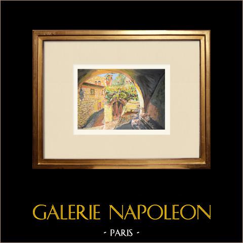 Vista di Èze - Giardino esotico - Alpi Marittime (Francia) | Disegno a guazzo originale dipinto da Louis Gibert. Firmato in basso a destra. Datato 1967