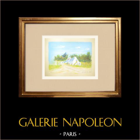 Veduta di Belle-Île - Morbihan - Bretagna - Isola (Francia) | Disegno a pastello originale disegnato da Louis Gibert. Firmato in basso a destra. Intitulado in basso a sinistra. Datato 1992