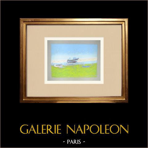 Veduta di Belle-Île - Barche da pesca - Morbihan - Bretagna - Isola (Francia) | Disegno a pastello originale disegnato da Louis Gibert. Firmato in basso a destra. Intitulado in basso a sinistra. Datato 1992