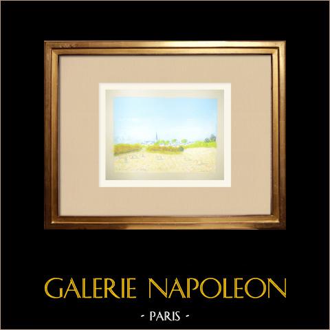 Veduta di Belle-Île - Chiesa a Le Palais - Morbihan - Bretagna - Isola (Francia) | Disegno a pastello originale disegnato da Louis Gibert. Firmato in basso a sinistra. Intitulado in basso a destra. Datato 1992