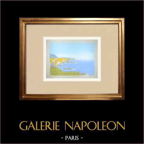 Spiaggia di Port Fouquet - Le Palais - Belle-Île - Morbihan - Bretagna - Isola (Francia) | Disegno a pastello originale disegnato da Louis Gibert. Firmato in basso a sinistra. Intitulado in basso a destra. Datato 1992