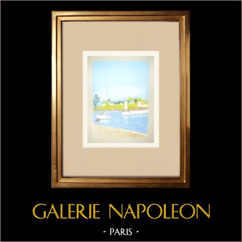 Veduta di Le Palais - Belle-Île - Morbihan - Bretagna - Isola (Francia) | Disegno a pastello originale disegnato da Louis Gibert. Firmato in basso a sinistra. Intitulado in basso a destra. Datato 1992