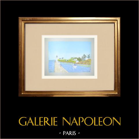 Veduta di Le Palais - Belle-Île - Il Faro - Morbihan - Bretagna - Isola (Francia)  | Disegno a pastello originale disegnato da Louis Gibert. Firmato in basso a destra. Intitulado in basso a sinistra. Datato 1993