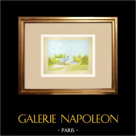 Veduta di Le Palais - Belle-Île - Morbihan - Bretagna - Isola (Francia) | Disegno a pastello originale disegnato da Louis Gibert. Firmato in basso a destra. Intitulado in basso a sinistra. Datato 1992