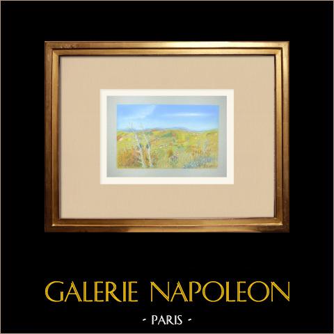 Veduta di Polignac - Les Estreys - Alta Loira (Francia) | Disegno a pastello originale disegnato da Louis Gibert. Firmato in basso a sinistra. Intitulado in basso a destra. Datato 1990