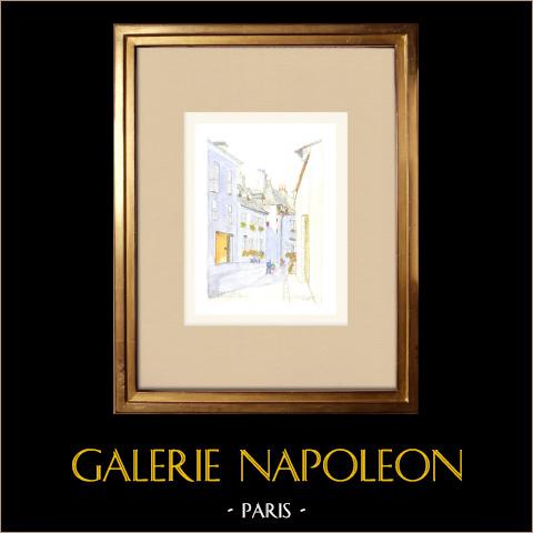Veduta di Vic-sur-Cère - Rue Coffinhal - Cantal (Francia)  | Acquarello originale su carta dipinto da Louis Gibert. Firmato in basso a destra. Intitulado in basso a sinistra. Datato 1998