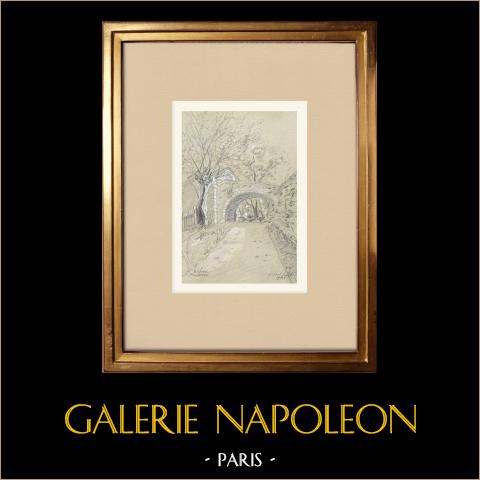 Veduta di Bilhac - Polignac - Alta Loira (Francia) | Disegno a carboncino originale disegnato da Louis Gibert. Firmato in basso a destra. Intitulado in basso a sinistra. Datato 1981