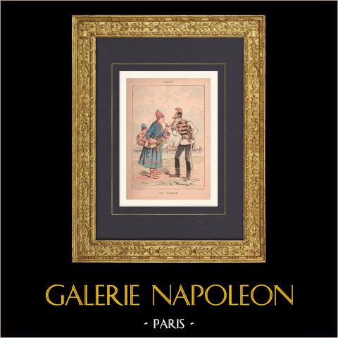 Uniformi militari straniere - Drago (Svezia) | Stampa policroma originale disegnata da Draner. 1890