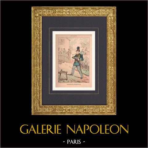 Uniformi militari straniere - Caricatura - Fuciliere (Belgio) | Stampa policroma originale disegnata da Draner. 1890