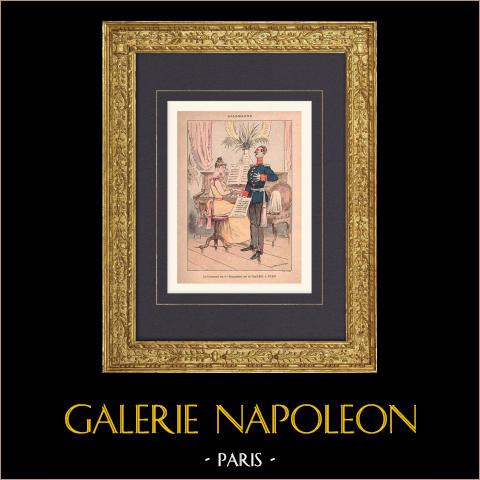 Uniformi militari straniere - Caricatura - Tenente della Guardia a piedi (Germania) | Stampa policroma originale disegnata da Draner. 1890