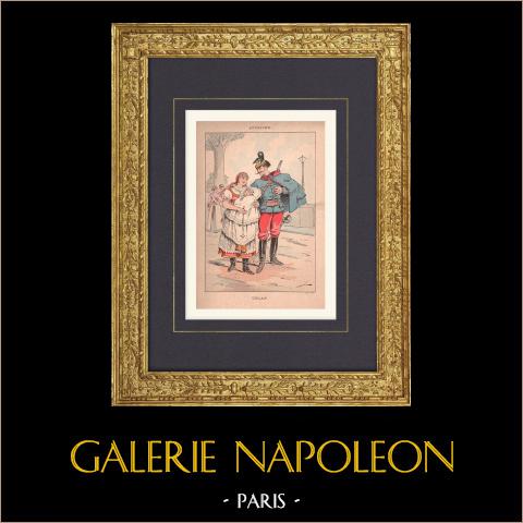 Un Ulan - Cavaliere con lancia (Austria)  | Stampa policroma originale disegnata da Draner. 1890