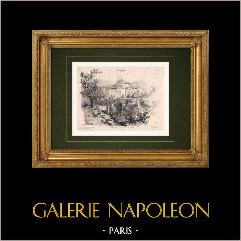 Un villaggio italiano - Paesaggio - Ponte (Italia) | Litografia originale disegnata da Coignet, litografata da Benard. 1833