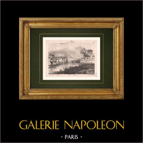 Ansicht von Grenoble - Isère - Brücke - Mittelalterlicher Wachturm (Frankreich) | Original lithografie gezeichnet von Coignet. 1833