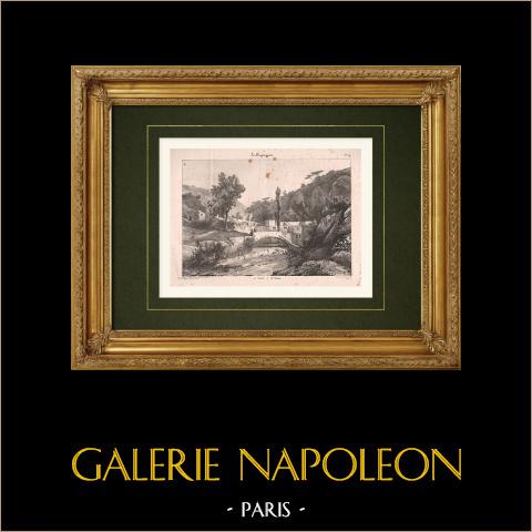 Veduta di Vietri sul Mare - Salerno - Ponte - Campania (Italia) | Litografia originale disegnata da Coignet. 1833