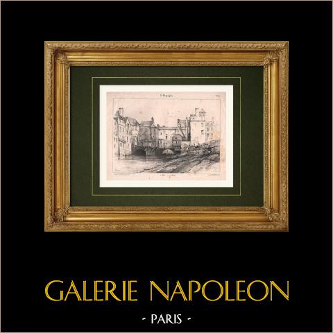 Paesaggio di Caen - Calvados - Odon - Normandia (Francia) | Litografia originale disegnata da Coignet, litografata da Benard. 1833