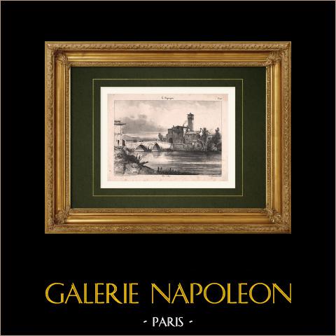 Veduta di Pisa - Toscana - Torre Pendente - Fiume Arno - Ponte (Italia) | Litografia originale disegnata da Coignet. 1833