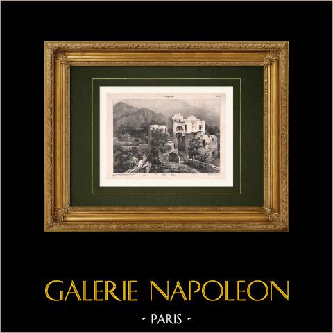 Veduta di Capri - Golfo di Napoli - Torre dell'Orologi (Italia) | Litografia originale disegnata da Coignet, litografata da Benard. 1833