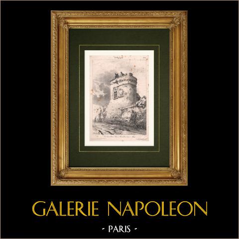 Veduta di Caen - Calvados - Normandia - Torre di Chastimoine - Fortificazioni (Francia) | Litografia originale disegnata da Coignet, litografata da Benard. 1833