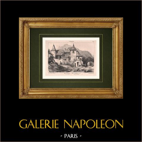 Paesaggio vicino a Luz-Saint-Sauveur - Terme - Cappella - Alti Pirenei (Francia) | Litografia originale disegnata da Coignet, litografata da Benard. 1833