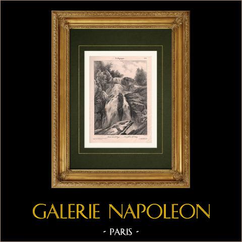 Cascata di Charlemagne nei Vosgi (Francia) | Litografia originale disegnata da Coignet, litografata da Benard. 1833